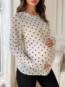 Dazy Maternity Polka Dot Mesh Slim Fit Long Sleeve Round Neck Casual Vacation Spring Autumn Maternity T-Shirt - Apricot - View 4