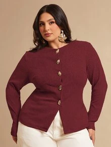 SHEIN BAE 大尺碼女款優雅金屬扣長袖時尚上衣 - 酒紅色 - 查看 5