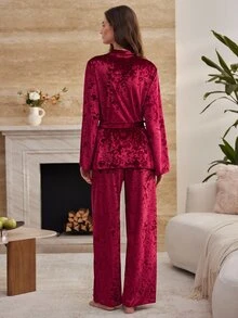 Moireta French Elegant Mature Velvet Long Sleeve Long Pants Women's Pajama Set - Burgundy - View 2