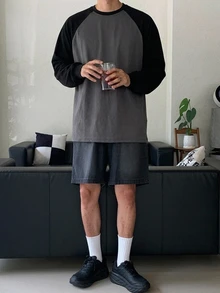 DAZY 春秋款黑色與深灰色拼接配色韓式男士長袖落肩袖T恤 - 深灰色 - 查看 6