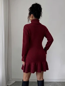 SHEIN Raffinéa Christmas Elegant Fitted High Neck Long Sleeve Rhinestone Embellished Waist-Cinching Ruffle Hem Burgundy Women Fall Winter Dress New Year Date Dinner - Burgundy - View 3