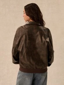 Easelle 女款復古波希米亞風寬鬆水洗做舊拉鍊口袋夾克 - 棕色 - 查看 6