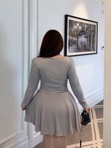Vibekara Plus Size Women's Button Half-Placket Casual Cute Ribbed Knit Dress With Equestrian Embroidery Autumn Graduation Club Grey - Light Grey - View 2