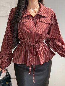 Livesso 女款條紋落肩長袖腰部綁帶前開襟拉鍊夾克外套 秋季 - 酒紅色 - 查看 1