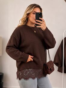 Vionelle Plus Size Women's Solid Color Round Neck Dropped Shoulder Loose Knit Sweater With Lace Hem Splice 2 In 1 Long Sleeve Pullover - Coffee Brown - View 3