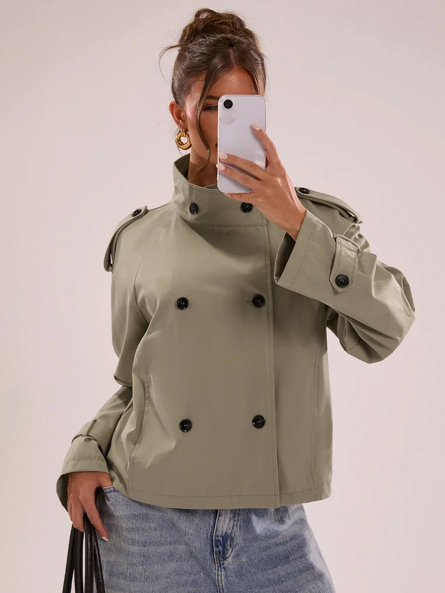 SHEIN BAE Veste femme couleur unie col montant décontractée polyvalente pour usage quotidien et voyage manches longues - Kaki - Voir 1
