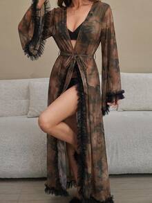 HautHeat Women's Tie-Dye Contrast Mesh Frill Trim Loose Long Nightgown - Coffee Brown - View 7
