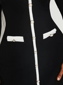 SHEIN SXY فستان نسائي محبوك كاجوال يومي بتصميم ألوان متباينة - أبيض وأسود - مشاهدة 8