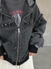 FRIFUL Women's Zipper Long Sleeve Denim Hooded Jacket - Black - View 2