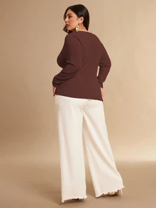 SHEIN BAE 大尺碼女款純色長袖金屬單排扣上衣 - 摩卡棕 - 查看 2