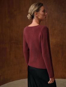 MOTF PREMIUM WOMEN'S AUTUMN/WINTER METAL DECOR V-NECK FITTED SWEATER - Burgundy - View 3