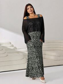 Solflare Plus Size Women's Floral Print Dress And Long Sleeve Top Fashion Set - Black - View 6