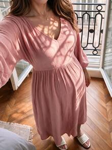 SHEIN Maternity Home Dress Loose Comfortable 100% Cotton - Dusty Pink - View 3