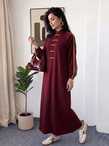 Solavon Women's Loose Long Sleeve Dress With Frog Button Design - Burgundy - View 6