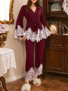 Côtesoire Set Piyama Wanita Renda Warna Kontras Elegan, Gaya Prancis Selatan - Burgundy - View 6
