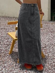 Livesso Women's Cotton High Waist Deep Blue Washed Solid Color A-Line Flared Fitted Denim Skirt Fall - Dark Grey - View 6