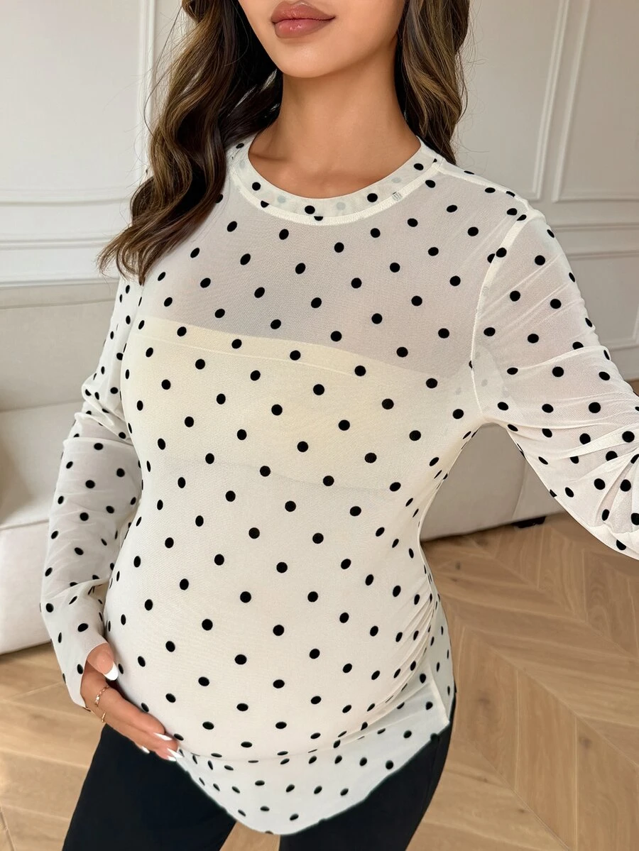 Dazy Maternity Polka Dot Mesh Slim Fit Long Sleeve Round Neck Casual Vacation Spring Autumn Maternity T-Shirt - Apricot - View 1