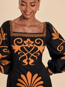 Travachic Women's Floral Print Square Neck Lantern Sleeve Elegant Midi Dress - Black and Yellow - View 6