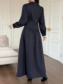 Livesso 女款長袖單排扣襯衫與裙子休閒牛仔套裝 秋季 - 藍色 - 查看 2