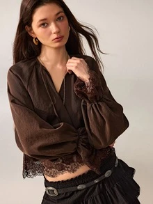 Willow Rêve Women's Brown Fitted Short Chiffon Blouse, Lace Trim With Tie V-Neck Raglan Sleeves, Solid Color Vintage Romantic Bohemian Style, Suitable For Autumn Vacation And Party Outfits - Brown - View 6