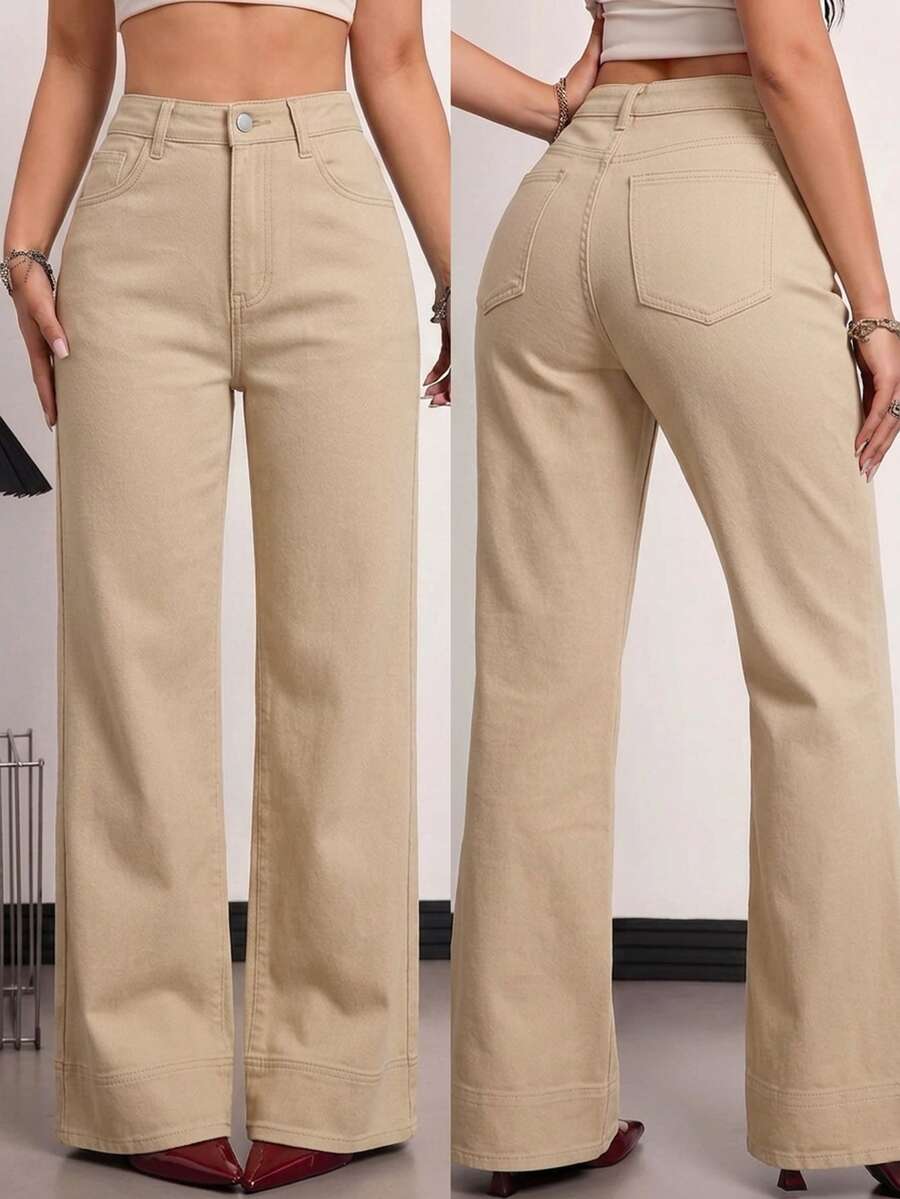 SHEIN Tall 女款休閒日常牛仔褲,附口袋與鈕扣設計 - 卡其色 - 查看 1