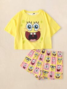 SpongeBob SquarePants | SHEIN Women's Round Neck Short Sleeve T-Shirt And Shorts Pajama Set - Yellow - View 1