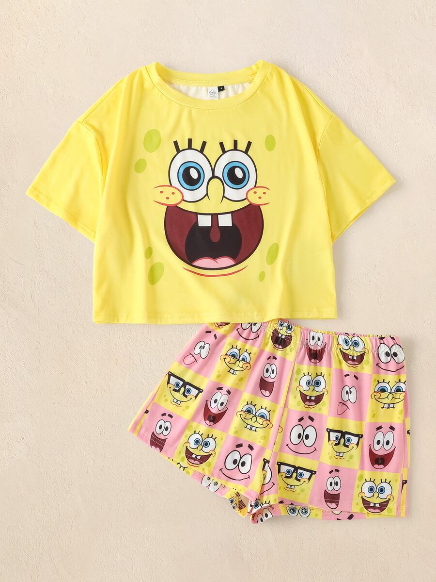 SpongeBob SquarePants | SHEIN Women's Round Neck Short Sleeve T-Shirt And Shorts Pajama Set - Yellow - View 1