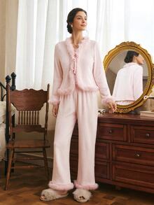 Côtesoire Women's Shiny Velvet Striped Long Sleeve Pants Pajama Set - Dusty Pink - View 1