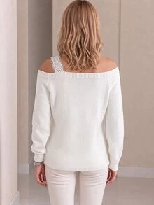 SHEIN Autumn/Winter Lace Patchwork Asymmetric Collar Sweater - White - View 2