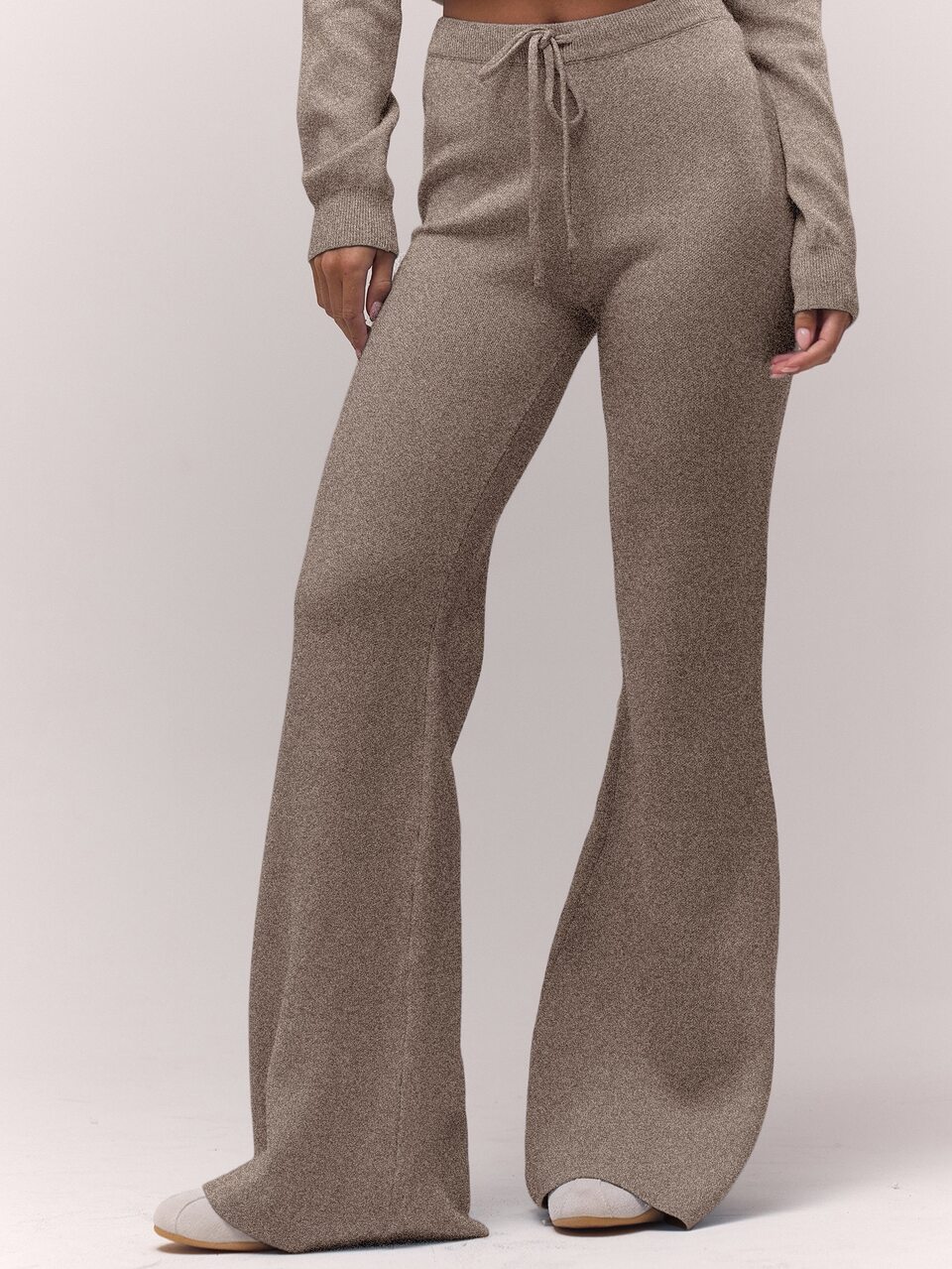 Pantalones de pierna ancha relajados de punto con cintura con cordón en color taupe para mujer pequeña, otoño invierno, vuelta al colegio, uso diario