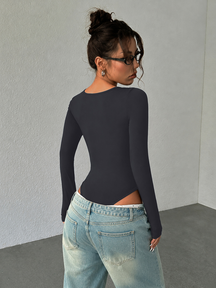 StreetHx Women's Long Sleeve Bodysuit Black Slim Fit Flattering Minimalist Sexy Commute Versatile Night Out Summer - Dark Grey - View 2