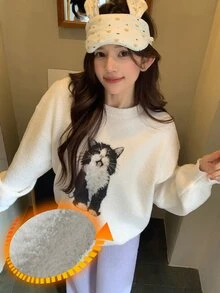 DAZY Cute Cat Pattern Autumn/Winter Knitted 2-Piece Women's Pajama Set - Apricot - View 3