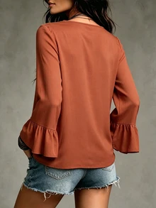 SHEIN LUNE Women's Floral Print V-Neck Loose Fit Blouse With Ruffle Cuffs - Burnt Orange - View 2