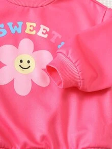 Cozy Pixies 女嬰連帽衫與運動衫套裝，甜美微笑臉印花圓領運動衫配喇叭褲 2 件套，可愛休閒穿搭 - 彩色 - 查看 5