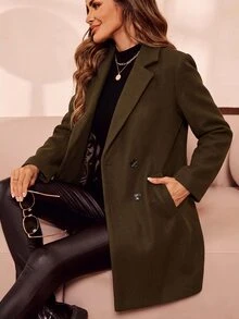 SHEIN Clasi Women's Solid Color Lapel Neck Long Sleeve Double-Breasted Casual Overcoat - Coffee Brown - View 7