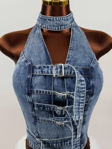SHEIN Atasan Denim Wanita Model Halter Neck dengan Desain Gesper yang Dapat Diatur - Biru - View 4