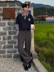 DAZY 春秋款 2合1 格紋布料襯衫，附領口與袖口，小刷毛身片，聯名圖案字母印花，學院風男士襯衫 - 彩色 - 查看 3