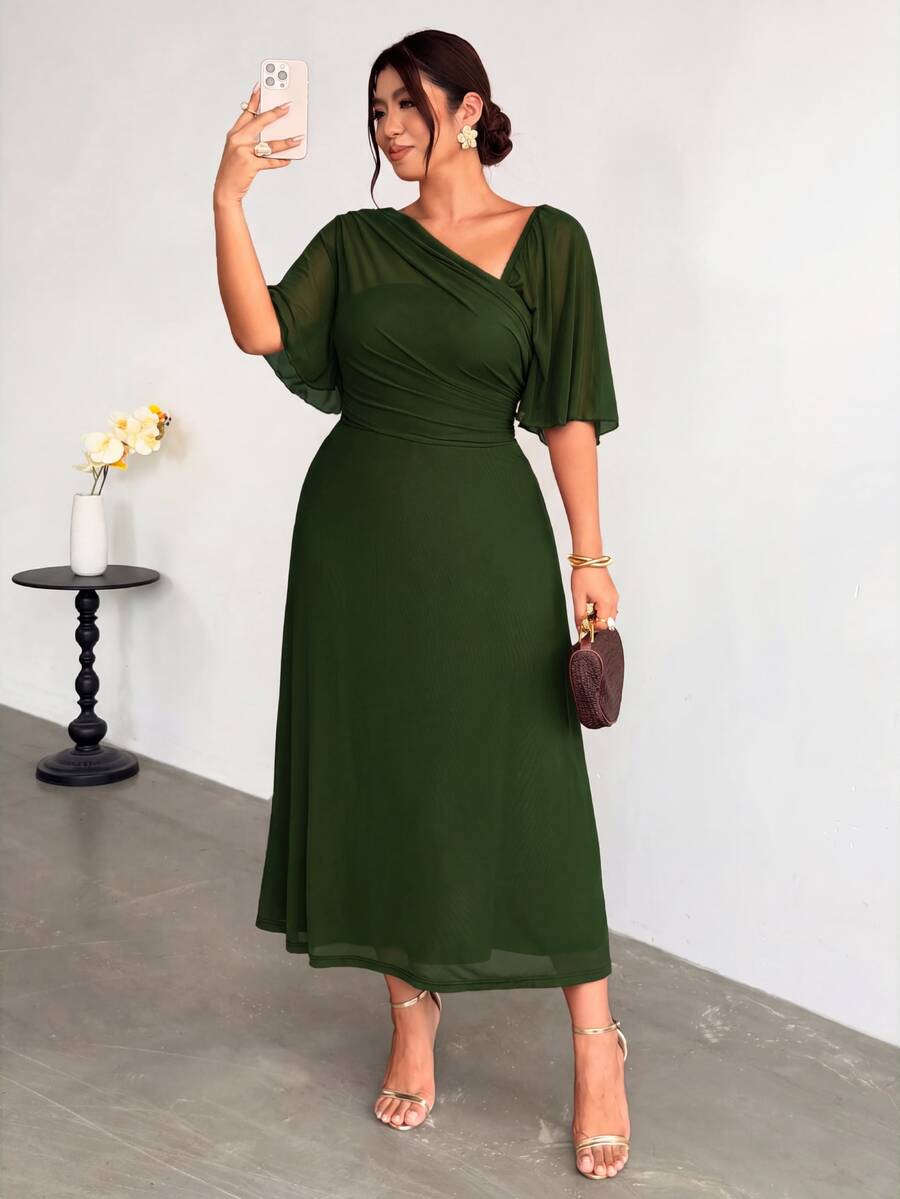 Firerie Plus Size Asymmetrical Neckline Pleated Dress - Olive Green - View 1