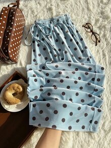 Comfortcana Plus Size Women Polka Dot Casual Versatile Wide Leg Pants For Daily Wear - Baby Blue - View 1