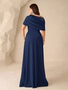 Coutiva 大尺碼女款純色不對稱肩優雅新娘母親禮服 - 藏蓝色 - 查看 2
