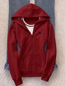 兒童青少年女孩休閒運動灰色小馬刺繡裝飾連帽開襟衛衣，秋冬款 - 酒紅色 - 查看 1