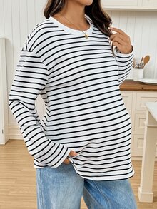 SHEIN Maternity Minimalist Sexy Casual Versatile White Colorblock Long Sleeve T-Shirt,Autumn Formal Office Formal Gender Reveal - Black and White - View 2