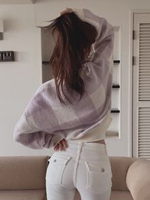 DAZY Women's Colorblock Plaid Loose Short Long Sleeve Crew Neck Casual Vacation Spring Autumn Knit Sweater - Purple - View 5