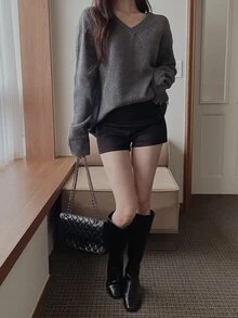 DAZY Women's Solid Color Loose V-Neck Long Sleeve Casual Vacation Autumn/Winter Knit Sweater - Grey - View 6