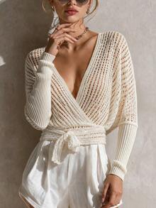 SHEIN LUNE Women's Fashion Versatile Hollow Long Sleeve Sweater For Vacation - White - View 4