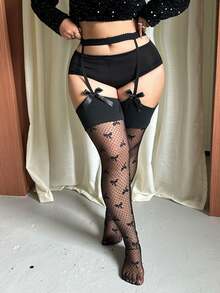 GalTyme 大尺碼女款春夏蝴蝶結裝飾網眼緊身褲 - 黑色 - 查看 3