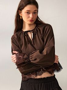 Willow Rêve Women's Brown Fitted Short Chiffon Blouse, Lace Trim With Tie V-Neck Raglan Sleeves, Solid Color Vintage Romantic Bohemian Style, Suitable For Autumn Vacation And Party Outfits - Brown - View 3