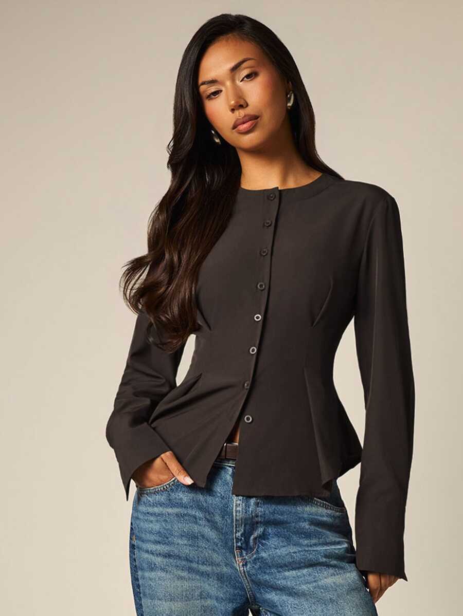COSMINA Casual elegant brun midjeformande pendlarblus för kvinnor - Brun - Visa 1