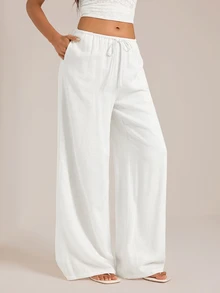 SHEIN Tall بنطلون طويل من الكتان الأبيض بلون موحد بخصر منخفض، بنطلون طويل للعطلات والشاطئ، بنطلون طويل فضفاض من الكتان الأبيض، مناسب للربيع والصيف والخريف والشتاء - أبيض - مشاهدة 3