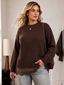 Vionelle Plus Size Women's Solid Color Round Neck Dropped Shoulder Loose Knit Sweater With Lace Hem Splice 2 In 1 Long Sleeve Pullover - Coffee Brown - View 5